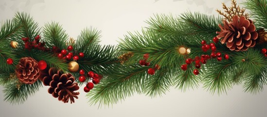 Poster - Pine twigs and Christmas decor isolated on white or transparent background