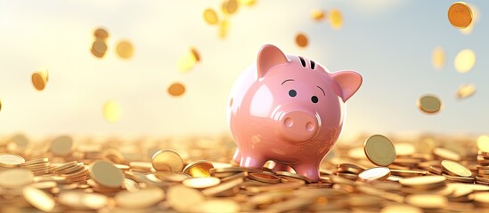 Poster - Coins flying and floating into piggy bank for financial saving concept 3d render