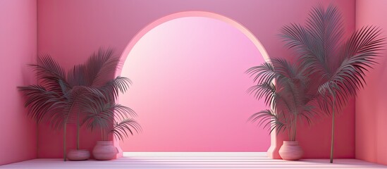 Leinwandbilder - Pink gradient studio background with window shadows and foliage Empty 3D room for product presentation Copy space available