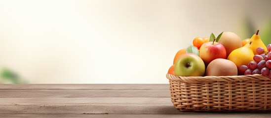 Poster - Fruit filled wicker basket on table for writing