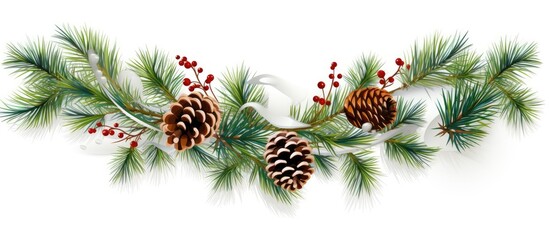 Poster - Pine twigs and Christmas decor isolated on white or transparent background