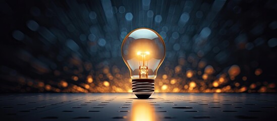 Poster - A single lightbulb shines amidst a group of off lights in a dark area providing space for creativity problem solving and outstanding ideas
