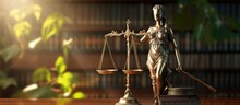 Lady Justice Statue With Scales Of Justice And Judge Gavel On Wooden Table