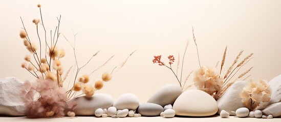 Sticker - Stones and dry flowers in a neutral background Suitable for beauty product branding Natural colors Front view