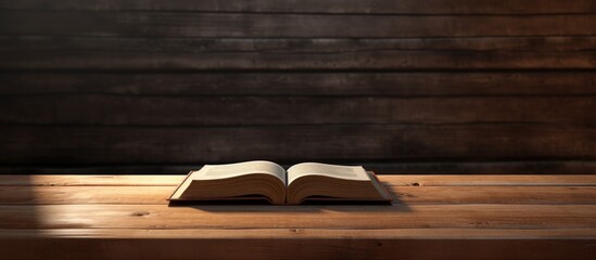 Poster - Books open on table wooden surface school empty area