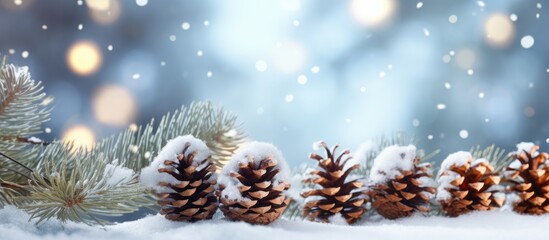 Leinwandbilder - Snowy winter Christmas tree branches with cones surrounded by defocused lights and blurred background Spacious banner with space for text Emphasis on cones