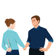 © lioputra - Treacherous deal, Hiding killer concept. Business woman and man standing together and shaking each other hands while one holding knife behind back.