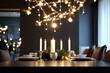 modern Christmas atmosphere during a family gathering. Shiny metallic surfaces and a Christmas table centerpiece catch the eye, illuminated by bright ceiling lights in the evening