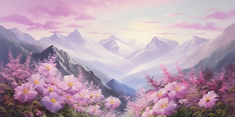 Wall Mural - illustration of beautiful pink flower field with mountain valley landscape, Generative Ai