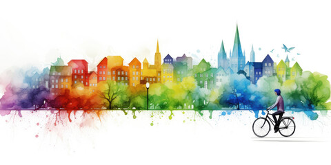 Wall Mural - A watercolor painting of a person on a bike. Digital image. Rainbow colored sustainable green city.