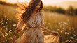 Bohemian fashion, a young woman in a flowy, floral maxi dress, long loose hair with flowers, barefoot in a sunny meadow