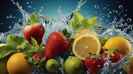Poster - Fruits and vegetables splashing into clear water white background, Wholesome immersion, Nutrition and vitamin theme.