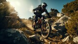 Fototapeta Miasta - Thrilling Mountain Biking: Man Conquering Rocky Trail on Mountain Bike