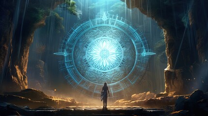 illustration of a person at ancient lost technology portal gat with light grow, ambient fantasy scenery background wallpaper,  Generative Ai