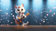 Süße Cartoon Katze mit Gitarre auf der Bühne im Konzert mit bunten Lichtern und Glitzer Hintergrund, ai generativ 