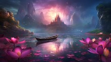 Painting Style Illustration Of Pink Waterlily Pond With Mist Drifting Around In Glitter Glow Light, Ancient Castle As Background, Generative Ai