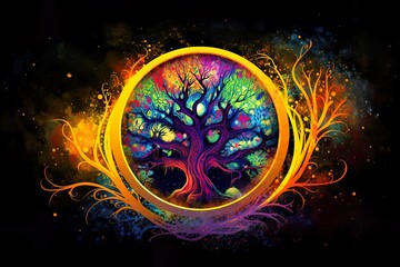 Wall Mural - Tree of live coming out of a circle, circle of live, mutation and transformation concept, every growing love and emotions. Renewal concept, expanding, infinite. Spirituality, esoteric, meditation.