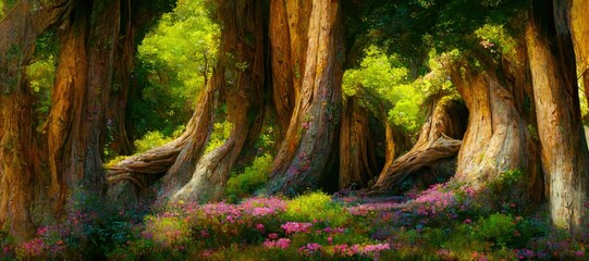 Wall Mural - Enchanted magic forest, majestic ancient old trees, mystical woodland glade in warm autumn colors. colorful flowers and green grass, dreamy fairytale fantasy wonderland - generative AI	