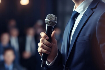 Close-up Portrait of a Business Coach Speaking Through a Microphone