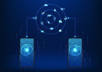 Poster - Smart phone technology Mobile phone connected icons with information strokes It is a technology that increases convenience for users to communicate, work, send information, and entertainment