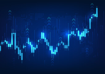 Poster - Graph technology background It is a technology that shows the growth price of a company in the stock market. Vector illustration of a candlestick chart with a blue rising arrow behind a world map.