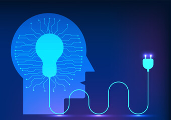 Poster - Technology background A light bulb is in the human head with a circuit connected to the brain. Refers to the discovery of new knowledge by bringing technology to help with ideas and solving problems.