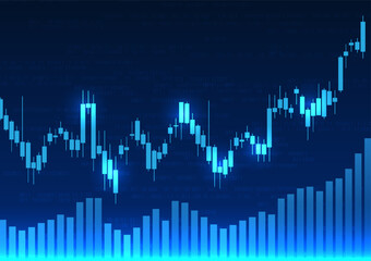 Wall Mural - Technology background with price charts used to measure the growth, profit, and loss of the company It is a dark blue vector picture with candlestick charts and bar charts behind the number codes.