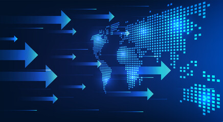 Poster - Technology world map with arrows coming towards It conveys the advancement of technology that has access to the world to improve living conditions. communication doing international business