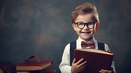 Wall Mural - Smiling little boy with glasses stands near the blackboard. Elementary school child with book and bag. Back to school. content