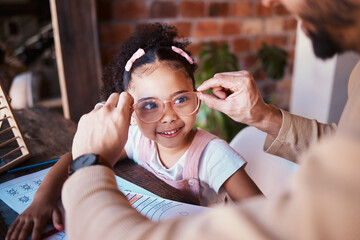 Poster - Glasses, smile and a child with a father and homework in a house with help and education. Happy, family and a father with eyewear for a girl kid during homeschool work, learning and teaching