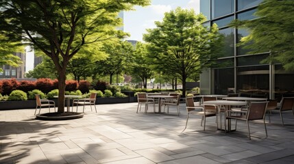 outdoor plaza of a contemporary downtown office building outdoor seating and tables and chairs with landscaping natural grasses and trees small stand alone coffee shop