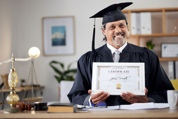 Law, portrait and a mature graduate with a certificate from education achievement in an office. Smile, graduation and a lawyer or legal attorney with a diploma at work for career celebration