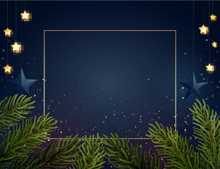 Wall Mural - Dark blue Christmas background with gold glitter particles and glowing star shape light bulbs. Vector illustration.