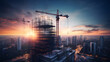 Construction of a skyscraper with cranes against the backdrop of the sunset