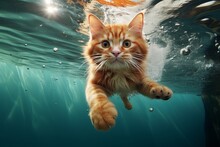 A Red Maine Coon Cat Swimming In The Bright Blue Water, Diving Under Water Close-up Photography