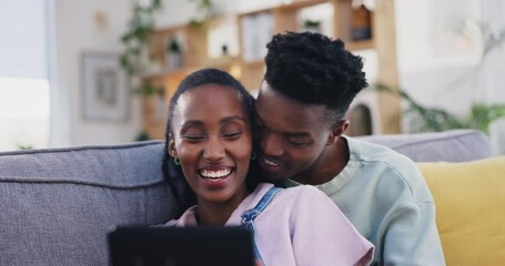 Poster - Tablet, black couple and funny on sofa in home living room, bonding and talking. African man, woman and technology, laugh and happy streaming comedy movie, video or film, social media or meme joke