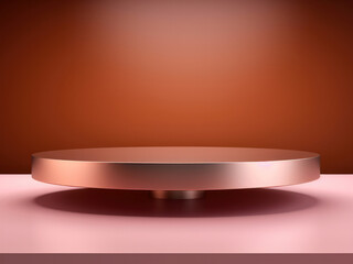 Poster - An elegant brown podium with a minimalist pink table background offers an intriguing presentation with a scene depicting abstraction. The podium is also three-dimensional in shape.