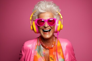 Wall Mural - An old gray-haired cheerful woman in headphones and glasses on an empty bright background. AI generated.