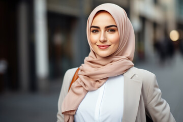 Cheerful muslim businesswoman in beige hijab looking at camera