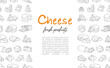 Cheeses shop banner. Pieces of cheese with internal holes. Cheeses menu design. Cheddar, camembert, brick, mozzarella, maasdam, gouda, feta, parmesan.