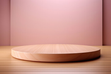 Poster - Wooden round podium and the pink background of the wall create a natural and warm impression. The product presentation stands out even more with the elegant blend of wooden design and pink background.