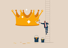 Narcissism Businessman Climb Up Ladder Holding Paint Roller And Painting Crown. Narcissist People, Extreme Self Involvement Too Much Confident Disorder, Proud Attitude