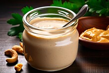 Creamy Cashew Mayonnaise In Glass Jar. Vegan Sauce For Snacks & Culinary Delights. Tasty Alimentary Option. Close-up View. 3:2 Ratio: Generative AI