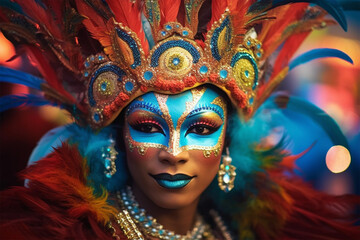 Wall Mural - colorful and bright Brazilian carnival illustration. Portrait of a participant against a blurred background