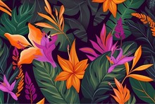Colorful Tropical Wallpaper With Purple And Orange Flowers And Green Leaves. Generative AI