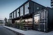 Minimalistic restaurant made from recycled shipping containers with industrial exterior. Generative AI