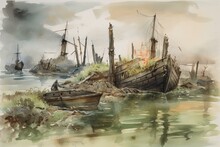 Watercolor Depicting Sunken Ships In Murky Waters Of A Graveyard, With Several Wrecks Visible In The Background. Generative AI