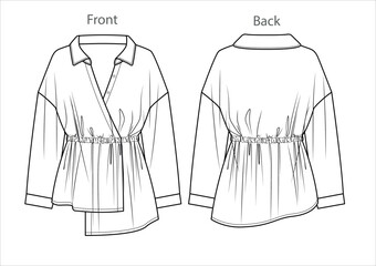 Vector drop shoulder blouse with elasticized waistband fashion CAD, woman long sleeve wrap shirt technical drawing, sketch, template, flat, mock-up. Woven fabric top with front, back view, white color