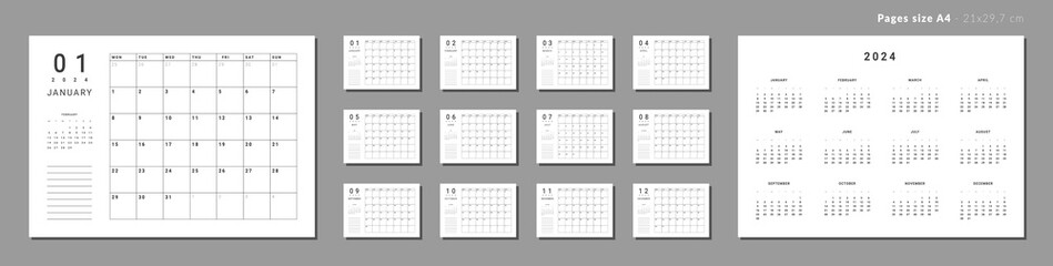 Wall Mural - Set of Monthly pages Calendar Planner Templates 2024 with note for wall or desk. Vector layout of calendar with week start Monday for print. Pages for size A4 or 21x29.7 cm