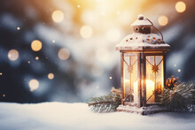 Christmas Lantern On Snow With Fir Branch In Evening Scene. High Quality Photo